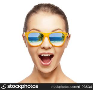 picture of happy screaming teenage girl in shades. happy screaming teenage girl in shades