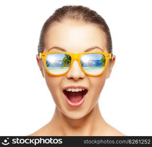 picture of happy screaming teenage girl in shades. happy screaming teenage girl in shades