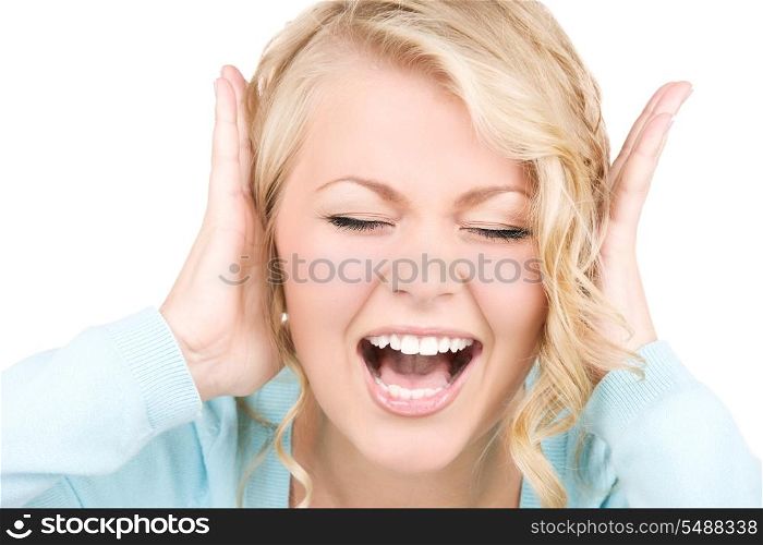 picture of happy screaming woman with hands over ears