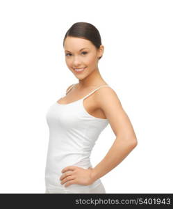 picture of happy woman in blank white t-shirt