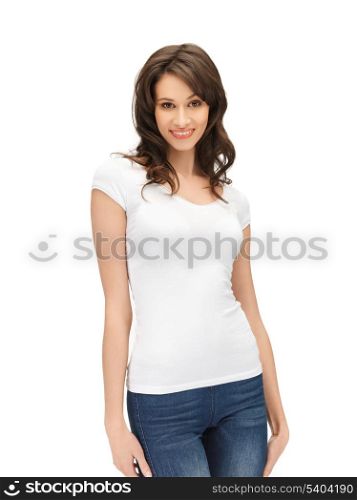 picture of happy woman in blank white t-shirt