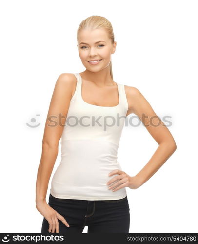 picture of happy woman in blank white t-shirt