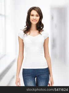 picture of happy woman in blank white t-shirt