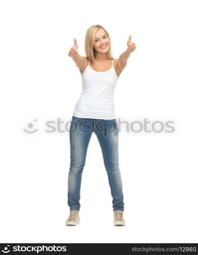 picture of happy woman in blank white t-shirt showing thumbs up