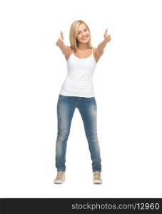 picture of happy woman in blank white t-shirt showing thumbs up