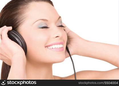 picture of happy woman in headphones over white