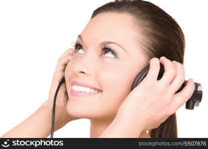 picture of happy woman in headphones over white