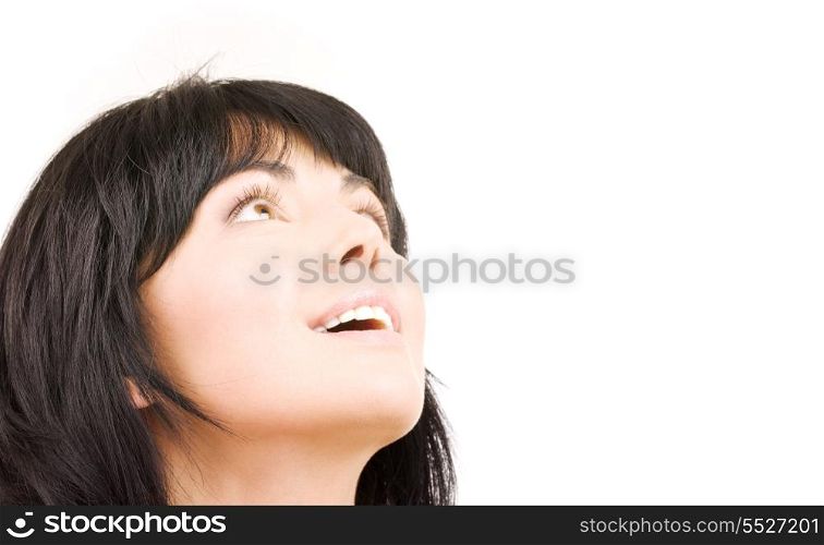 picture of happy woman looking up over white