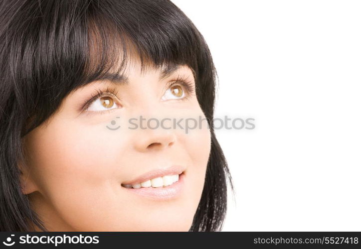 picture of happy woman looking up over white