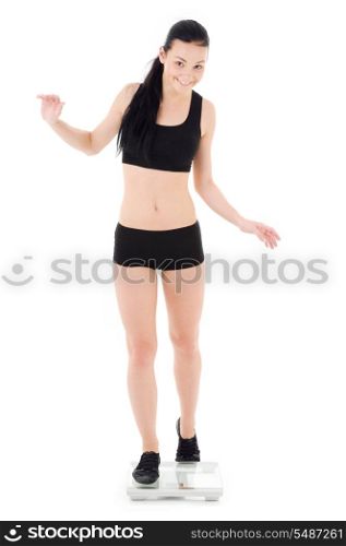 picture of happy woman on scales over white