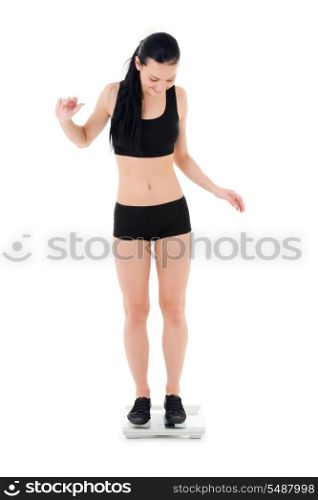 picture of happy woman on scales over white
