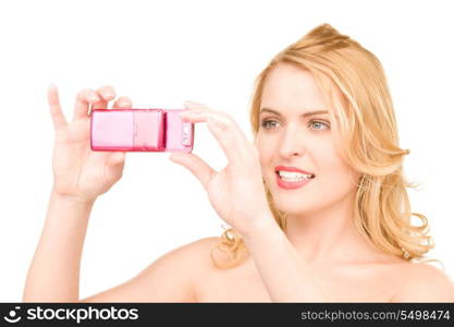 picture of happy woman using phone camera