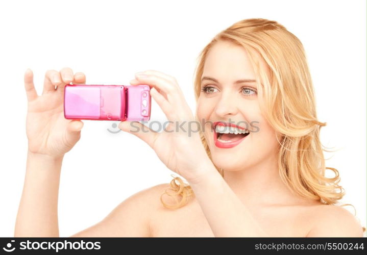 picture of happy woman using phone camera