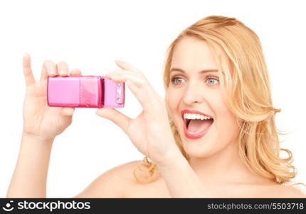 picture of happy woman using phone camera