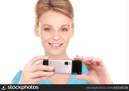 picture of happy woman using phone camera