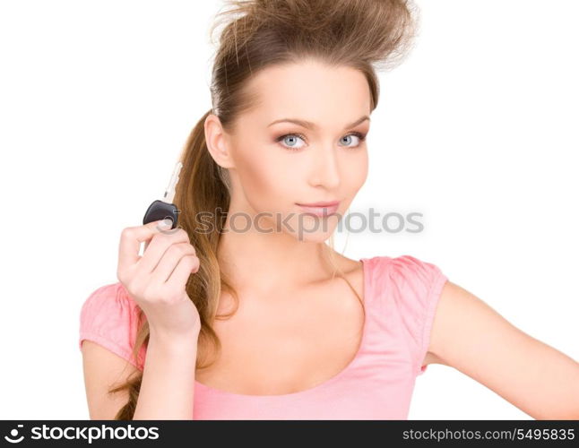 picture of happy woman with car key over white