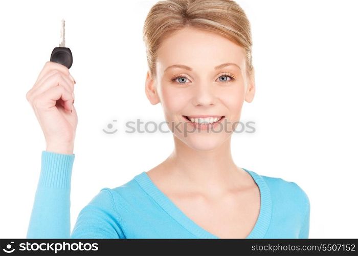 picture of happy woman with car key over white