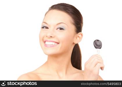 picture of happy woman with car key over white&#xA;