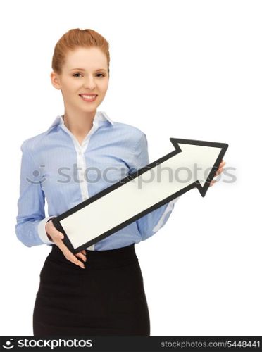 picture of happy woman with direction arrow sign