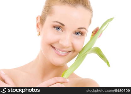 picture of happy woman with flower over white