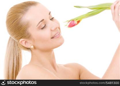 picture of happy woman with flower over white