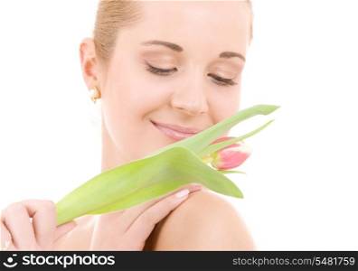 picture of happy woman with flower over white