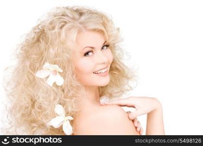 picture of happy woman with flowers in hair