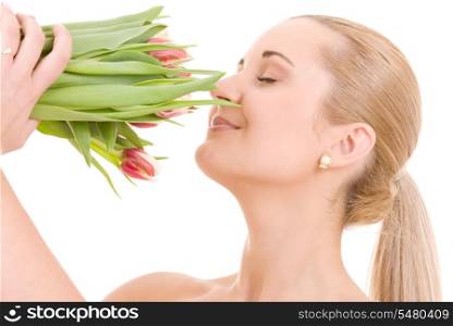 picture of happy woman with flowers over white