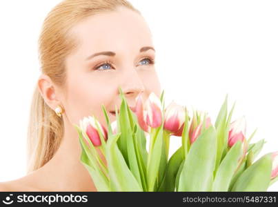 picture of happy woman with flowers over white