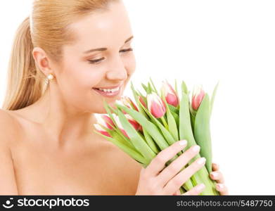 picture of happy woman with flowers over white