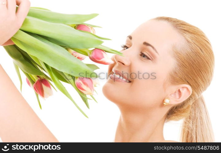 picture of happy woman with flowers over white