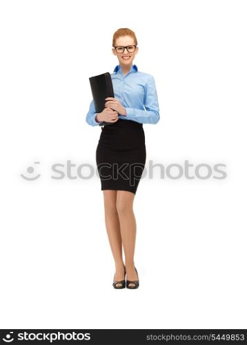 picture of happy woman with folder in specs