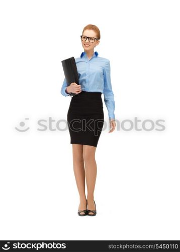 picture of happy woman with folder in specs