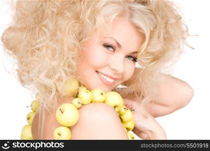 picture of happy woman with green apples over white