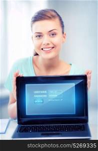 picture of happy woman with laptop computer and virtual screen. woman with laptop computer and virtual screen