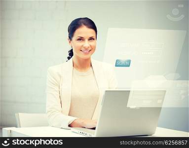 picture of happy woman with laptop computer and virtual screen. woman with laptop computer and virtual screen