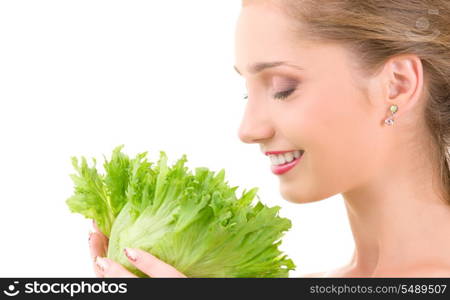 picture of happy woman with lettuce over white