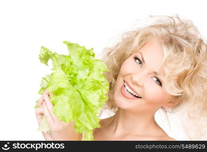 picture of happy woman with lettuce over white