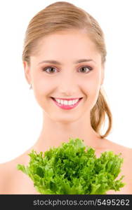 picture of happy woman with lettuce over white