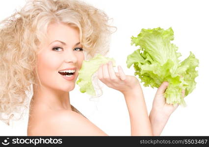 picture of happy woman with lettuce over white