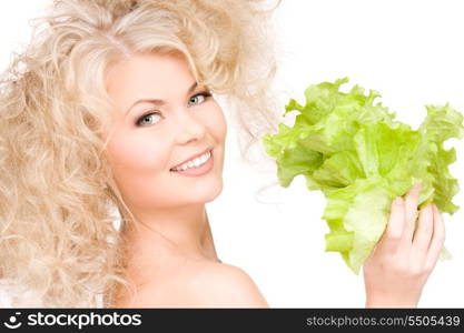 picture of happy woman with lettuce over white