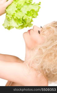 picture of happy woman with lettuce over white