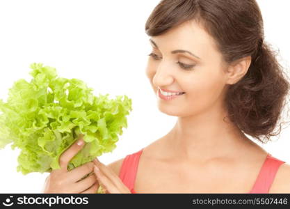 picture of happy woman with lettuce over white&#xA;