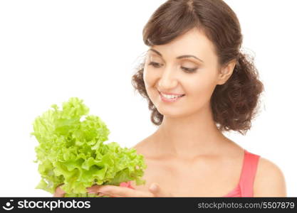 picture of happy woman with lettuce over white&#xA;