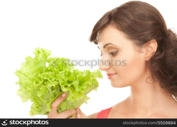 picture of happy woman with lettuce over white&#xA;