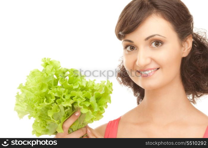 picture of happy woman with lettuce over white&#xA;