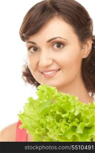 picture of happy woman with lettuce over white&#xA;