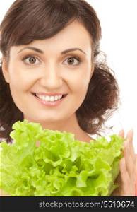 picture of happy woman with lettuce over white&#xA;