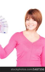 picture of happy woman with money over white