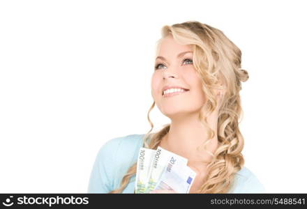 picture of happy woman with money over white